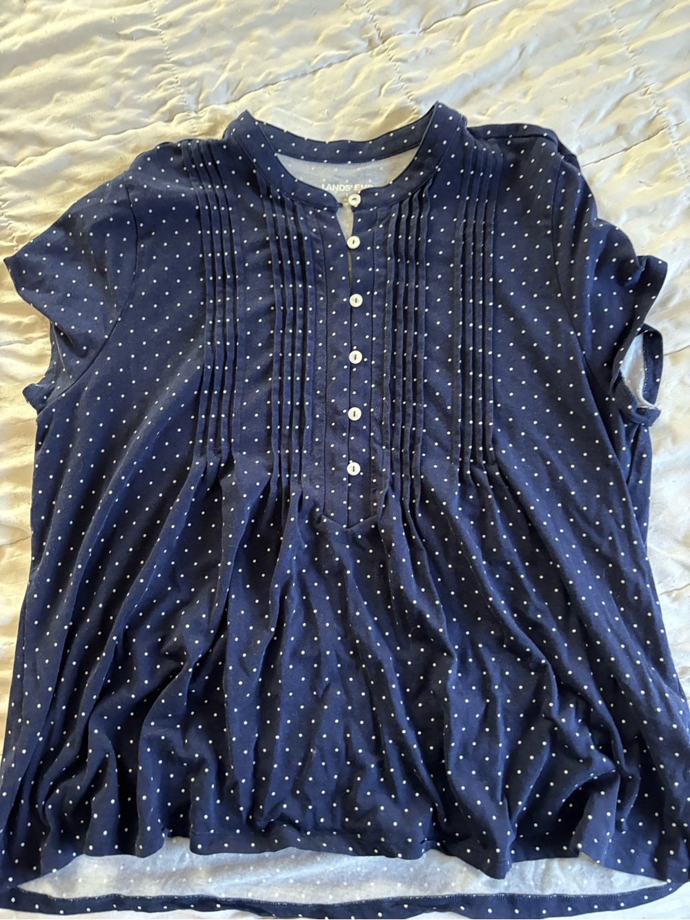LANDS' END Navy Blue Dot Pintuck Button Front Top, Size L, Washed but never worn